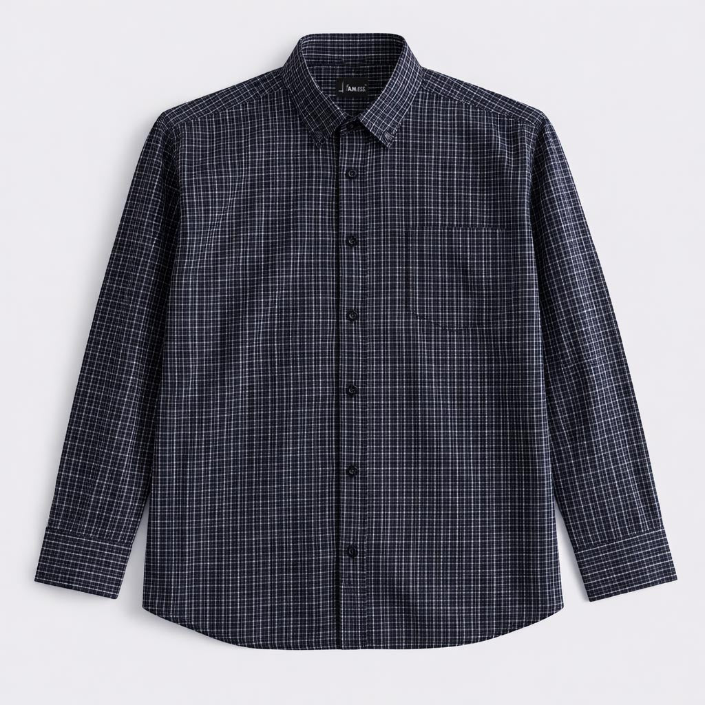 Micro Check Cotton Shirt - Dark Blue